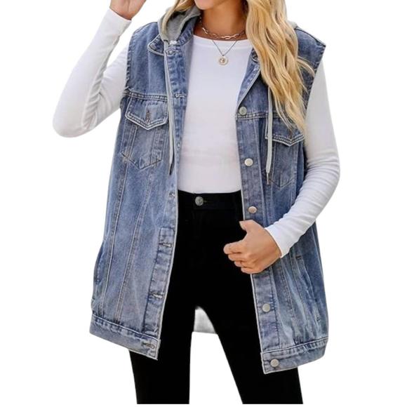 NEW WHITE BIRCH detachable hood vest in denim - Picture 1 of 3